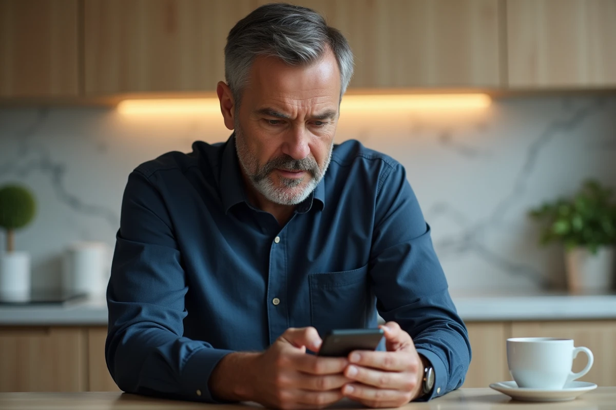 Homme consultant un email de récupération de mot de passe sur son smartphone dans une cuisine moderne