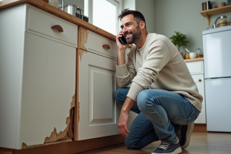 Homme d'âge moyen au téléphone près d'une cuisine endommagée
