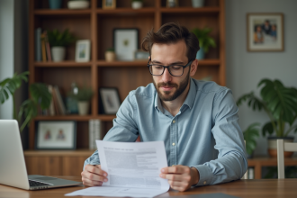 Homme en intérieur examine documents de prêt immobilier
