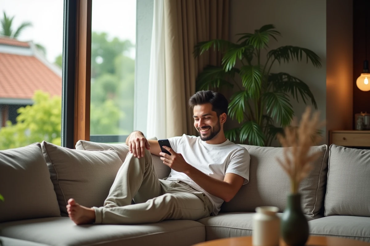 Homme souriant dans un salon lumineux en Tha&iuml;lande