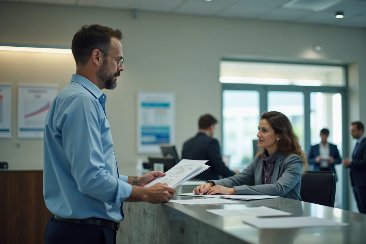 Homme remettant des documents à un agent administratif