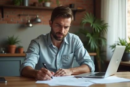 Homme seul qui examine des documents de crédit immobilier en indivision à la table de sa cuisine