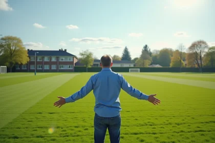 Homme d'&acirc;ge moyen devant un terrain de soccer en suburbain