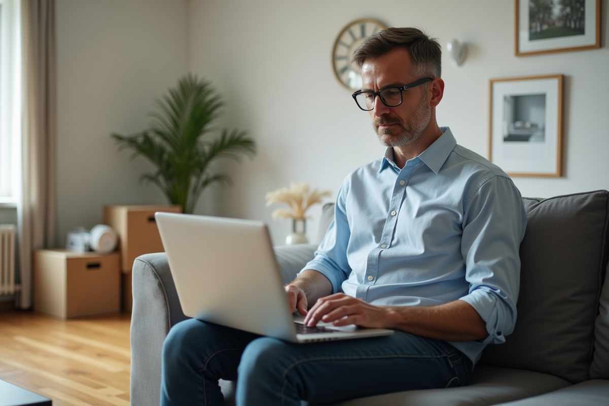 Homme d age moyen travaille sur son ordinateur portable dans le salon