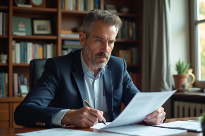 Homme d'âge moyen en blazer bleu examinant un rapport immobilier