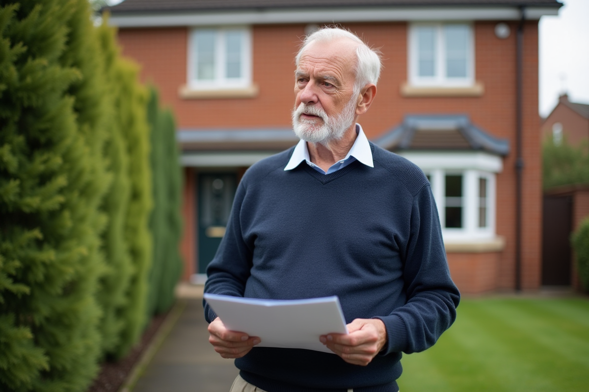 Homme âgé devant une maison de banlieue tenant un dossier de vente et regardant au loin