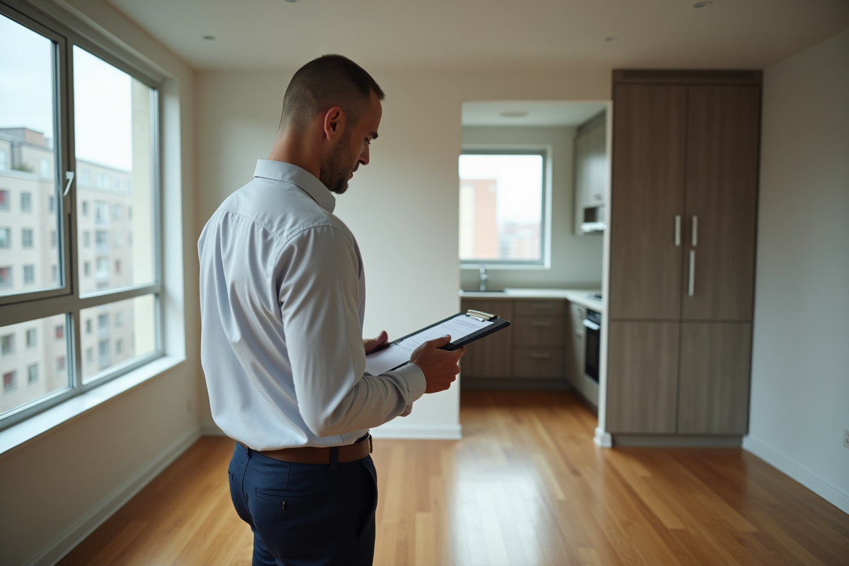 Homme inspectant un studio vide avec un clipboard dans un environnement urbain
