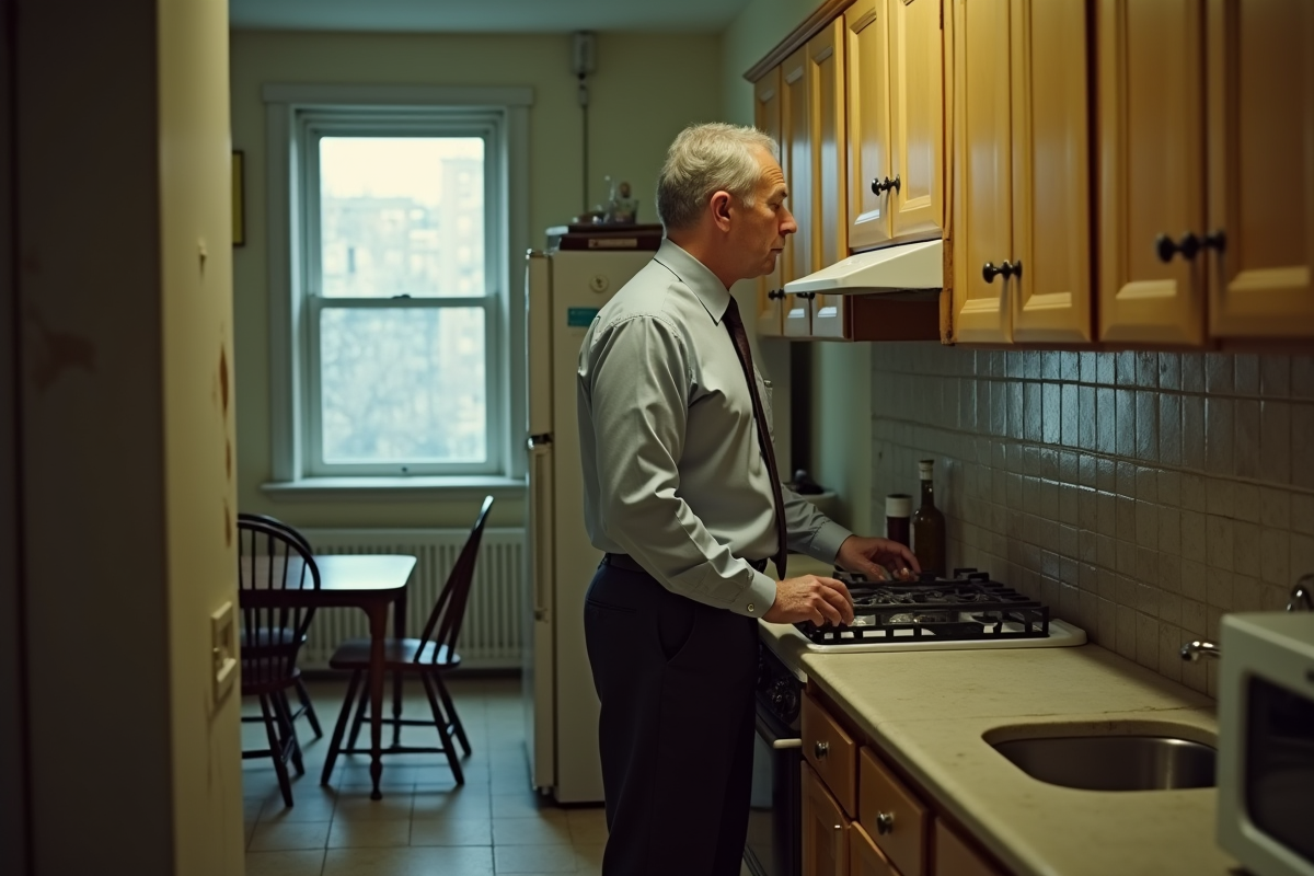 Homme en costume inspectant des placards usés dans une cuisine