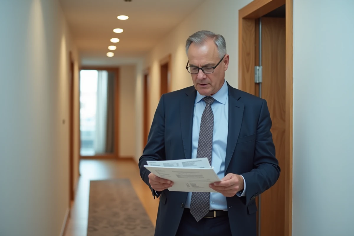 Homme professionnel v&eacute;rifiant documents dans le couloir