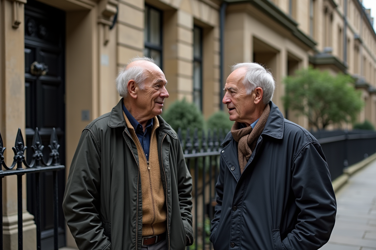 Deux hommes discutant devant une maison ancienne