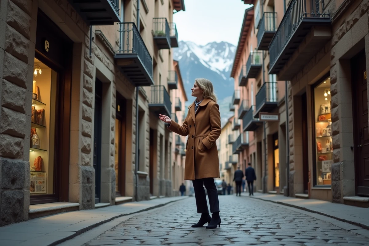 Femme devant un immeuble locatif en pierre dans une rue pavée d'Andorre-la-Vieille avec architecture traditionnelle andorrane