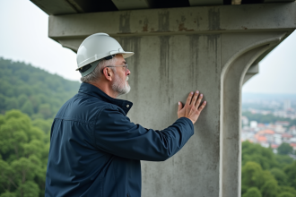 Ingénieur senior touchant un pilier en béton ancien