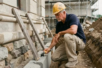 Ingénieur inspectant les fondations d'un bâtiment lors d'une reprise sous œuvre sur un chantier urbain