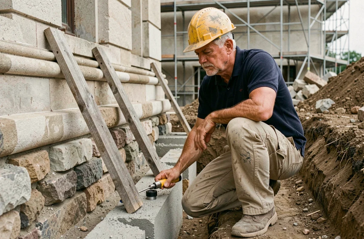 Ingénieur inspectant les fondations d'un bâtiment lors d'une reprise sous œuvre sur un chantier urbain