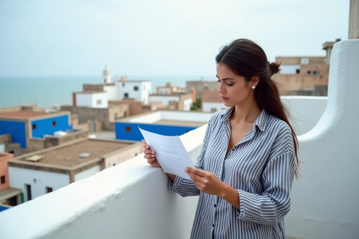Femme inspectant un appartement en location longue durée à Essaouira avec vue sur les toits de la médina