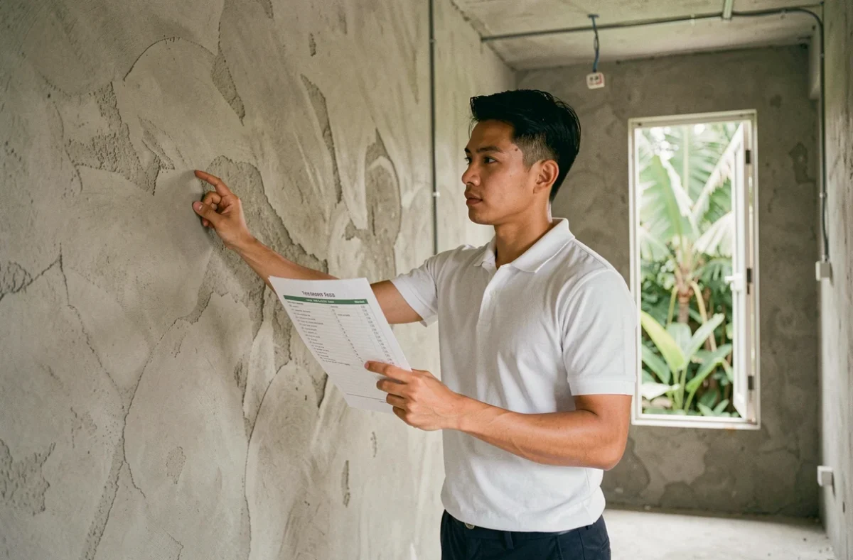 Acheteur thaïlandais inspectant l'intérieur d'une maison en construction avant son achat en Thaïlande
