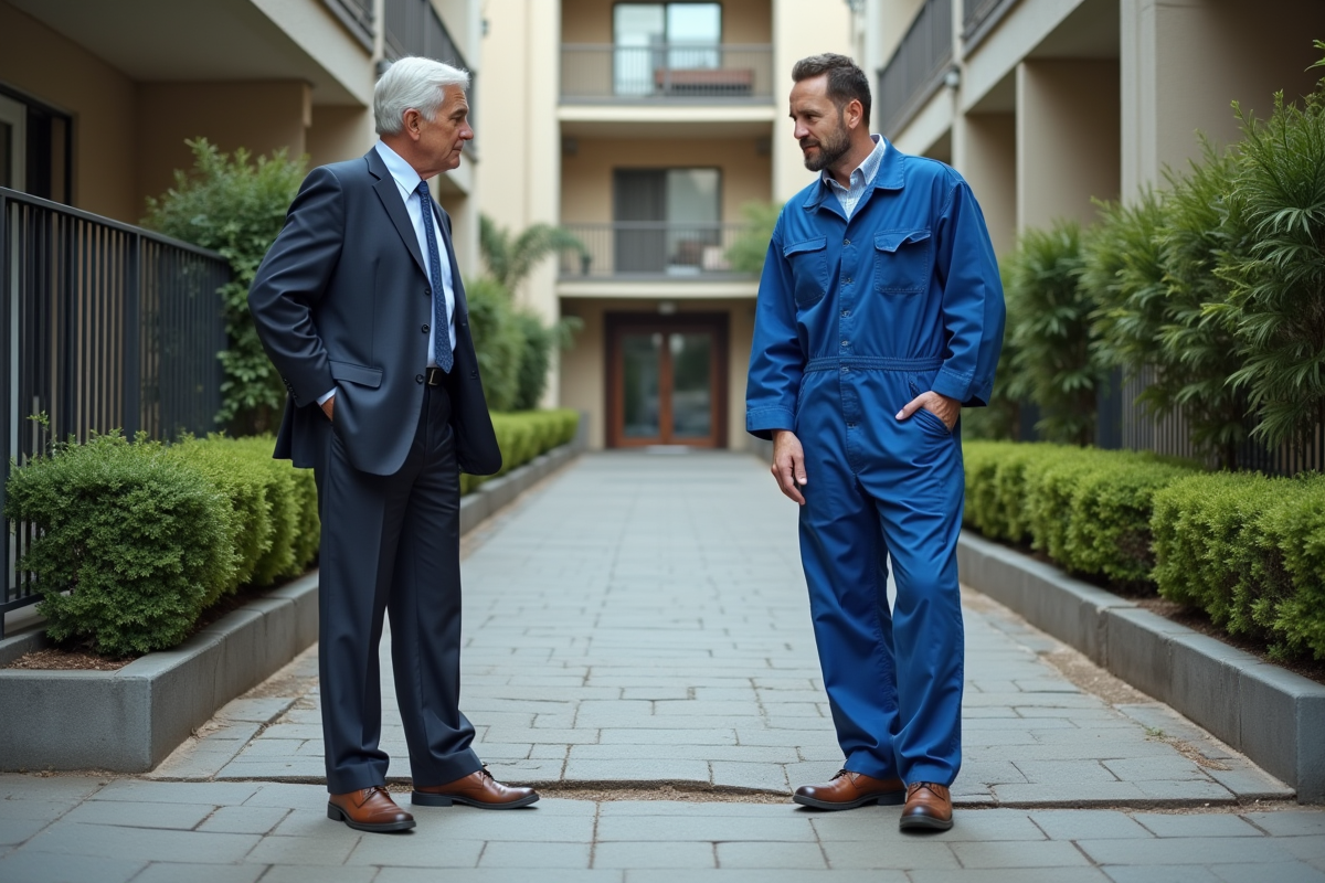 Hommes inspectent un chemin endommage devant un immeuble