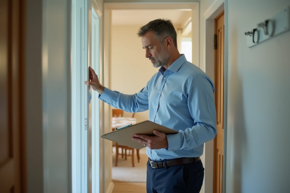 Agent immobilier inspecte une porte dans un couloir &eacute;troit
