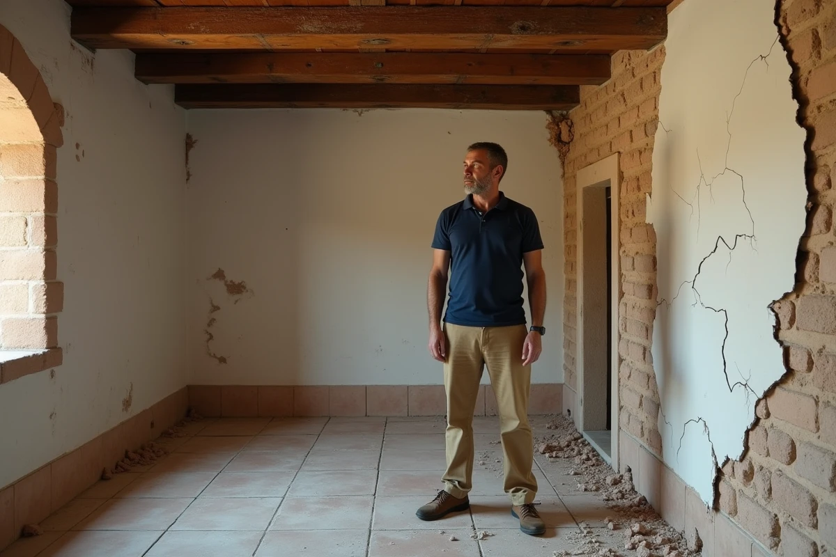Acheteur français inspectant un riad délabré à Marrakech avant une décision d'achat risquée