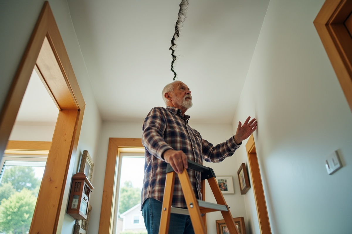 Homme âgé inspectant une fissure au plafond avec échelle