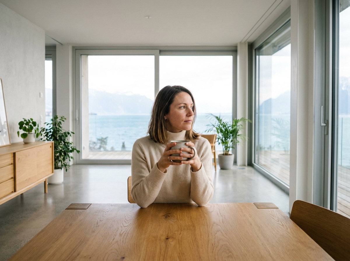 Femme dans un appartement neuf à Thonon-les-Bains profitant d'une vue sur le lac Léman depuis son salon moderne