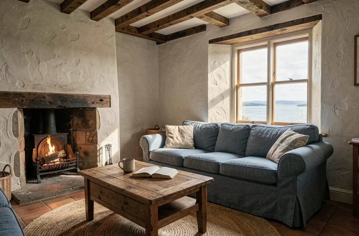 Intérieur chaleureux d'une maison normande en bord de mer avec cheminée en pierre et vue sur la Manche, parfaite pour la retraite