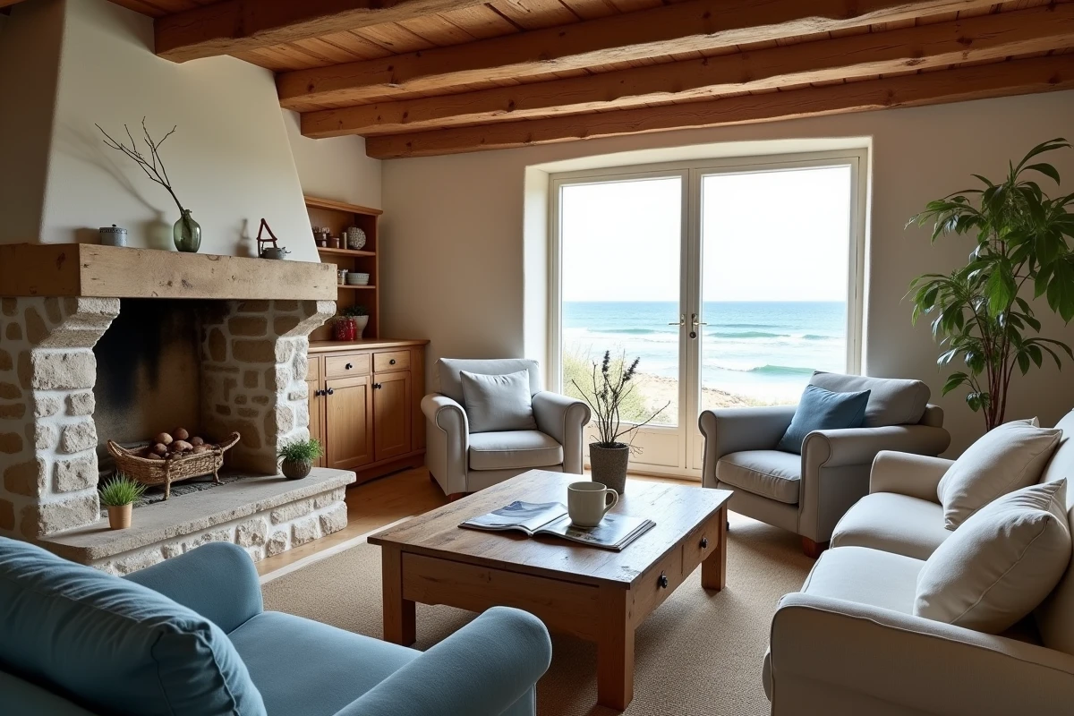 Intérieur chaleureux d'une maison normande avec poutres apparentes et vue mer depuis le salon