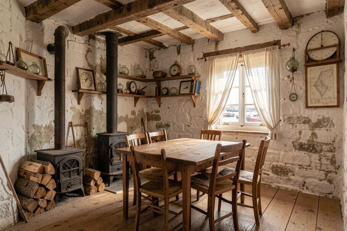 Intérieur d'une maison de pêcheur rénovée avec murs en pierre, poutres apparentes, poêle en fonte et objets maritimes vintage