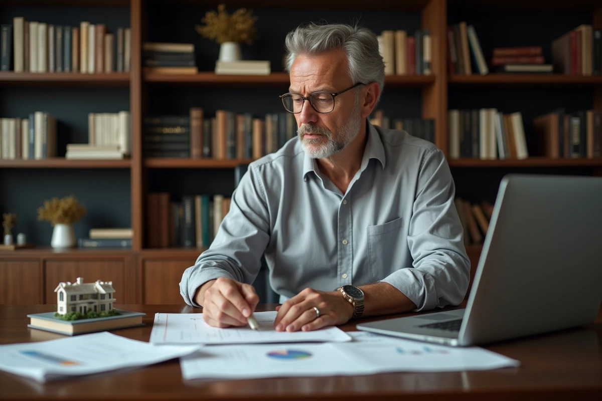 Investisseur immobilier étudiant un dossier d'estimation de bien de prestige dans un bureau à domicile