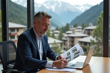 Investisseur immobilier en Andorre analysant des documents de location dans un bureau moderne avec vue sur les montagnes