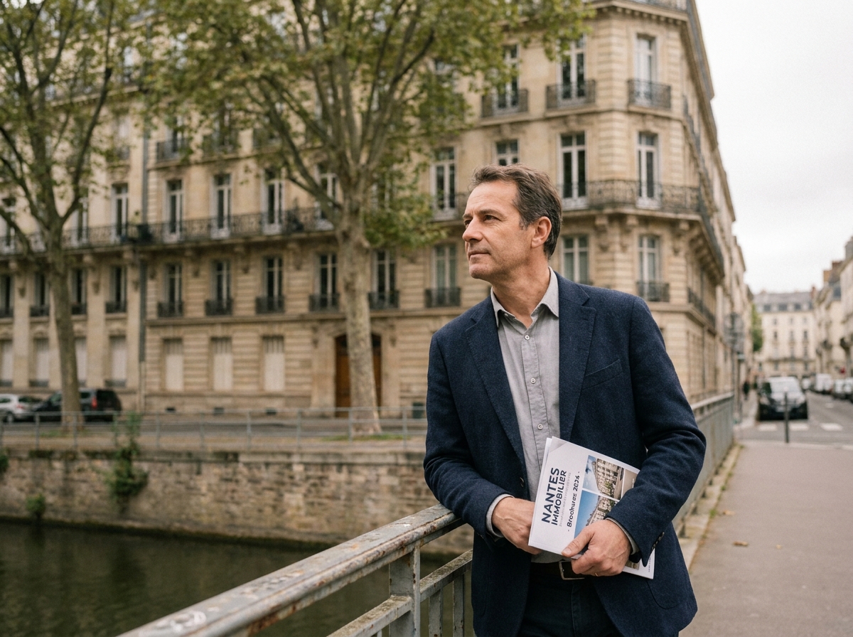 Investisseur immobilier observant des immeubles anciens le long d'un canal à Nantes pour évaluer une opportunité d'achat rentable