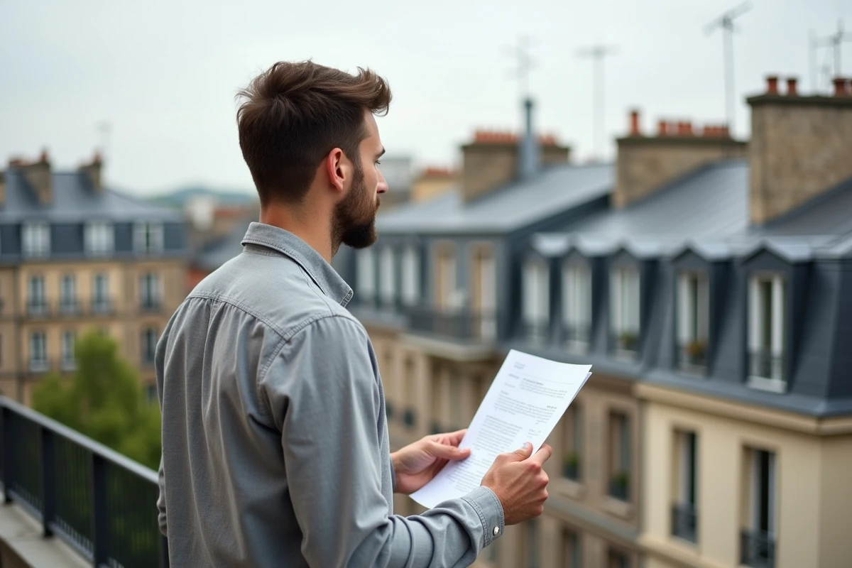 Investisseur immobilier consultant un rapport de bien sur le balcon d'un immeuble haussmannien en zone tendue