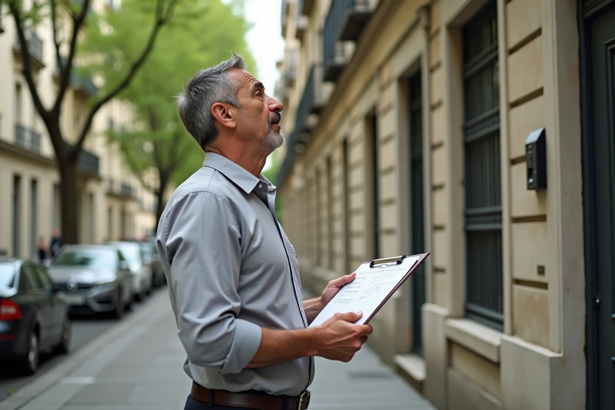 Investisseur locatif analysant la façade d'un immeuble en copropriété lors d'une visite de repérage urbain