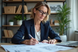 Investisseuse immobilière consultant l'annuaire des copropriétés sur ordinateur dans un bureau à domicile