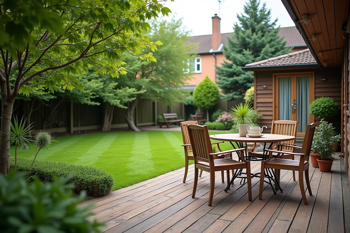 Jardin extérieur d'une maison en colocation avec terrasse en bois et mobilier de jardin, idéal pour une location partagée