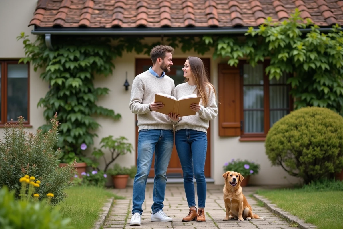 Jeune couple avec chien devant une maison rurale accueillante