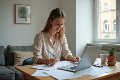 Jeune femme consultant des documents d'aide au logement dans un premier appartement