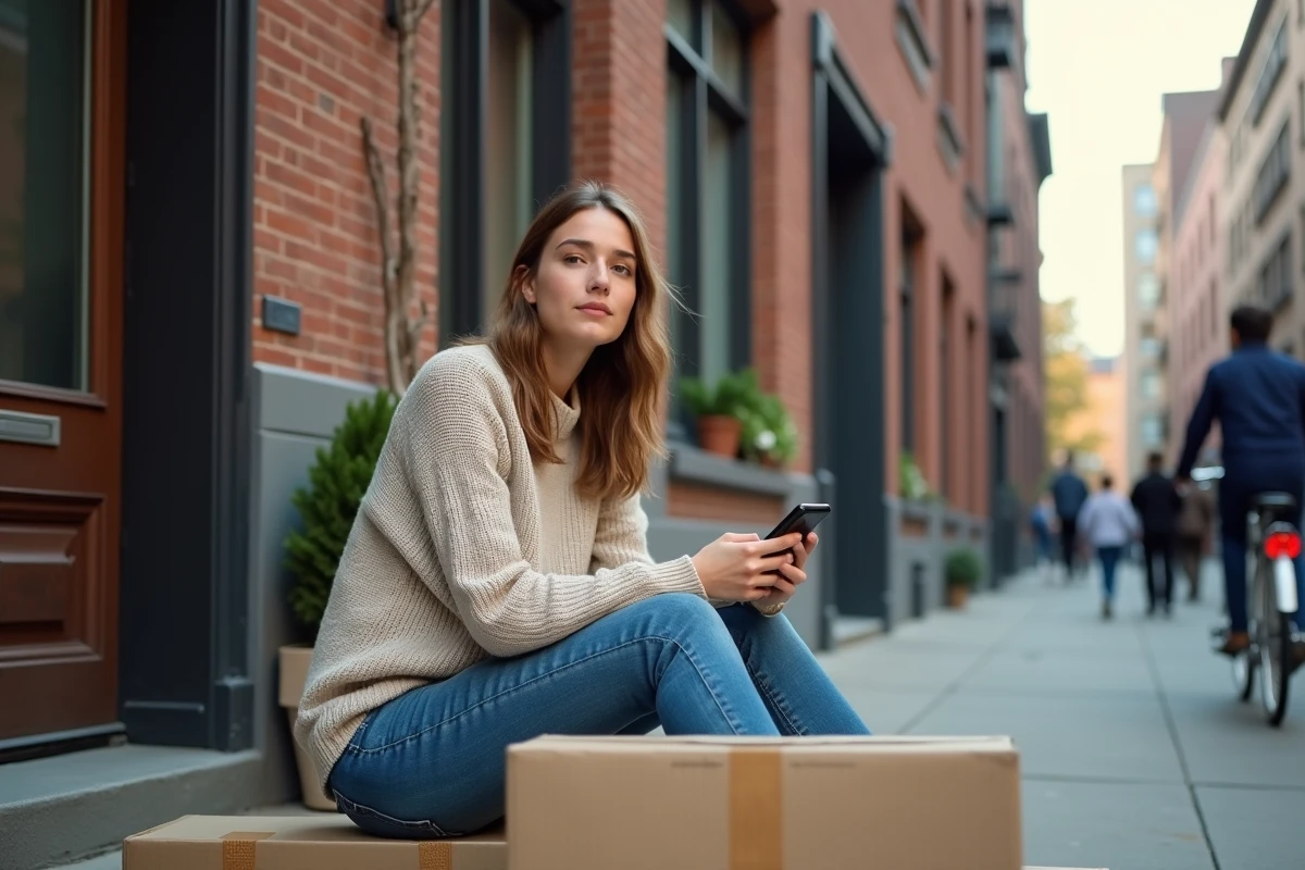 Jeune femme assise devant son immeuble avec cartons de déménagement