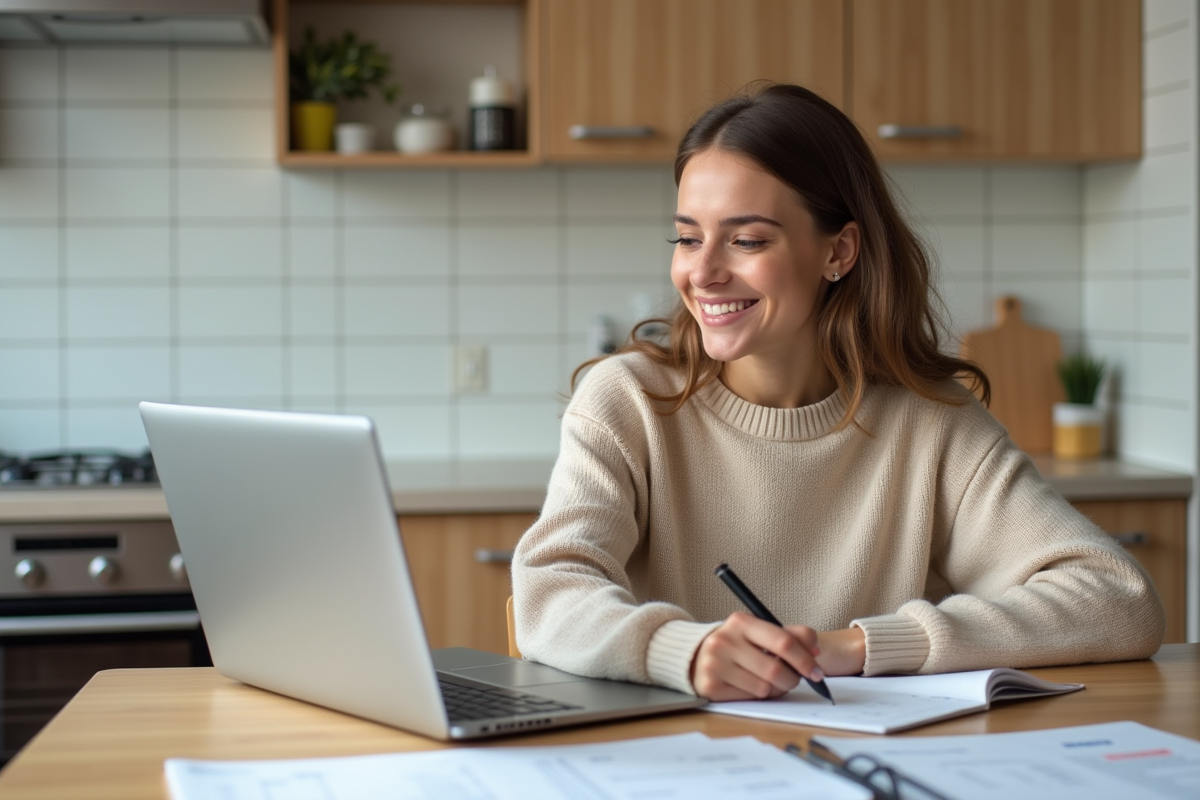 Jeune femme souriante travaillant sur ses impôts à la maison