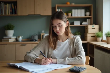 Jeune femme &eacute;tudiant examinant un contrat de location