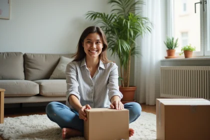 Jeune femme d&eacute;ballant une bo&icirc;te dans un appartement cosy