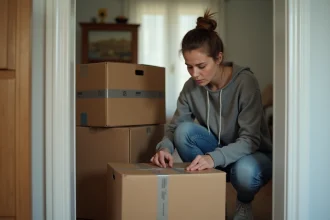 Jeune femme emballant des cartons dans un appartement