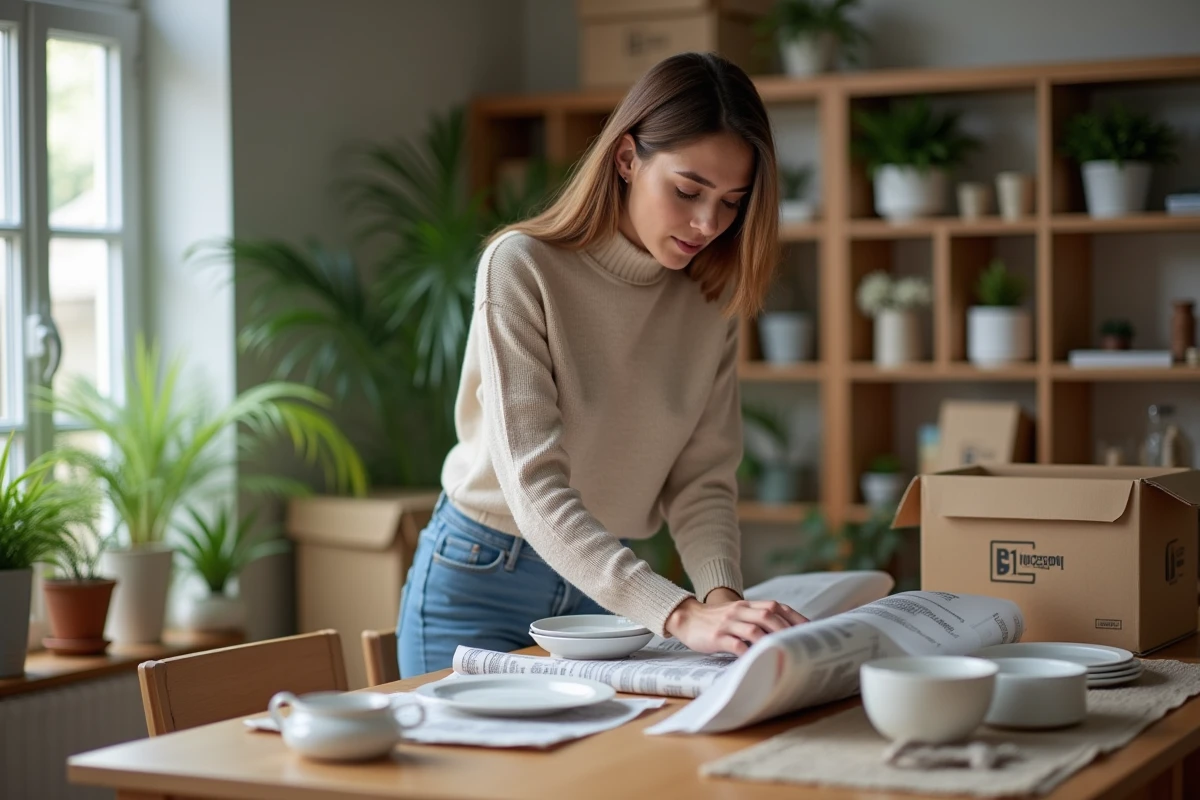 Jeune femme emballant de la vaisselle dans une cuisine