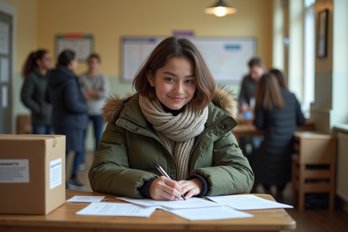 Jeune femme remplissant des formulaires dans un lobby