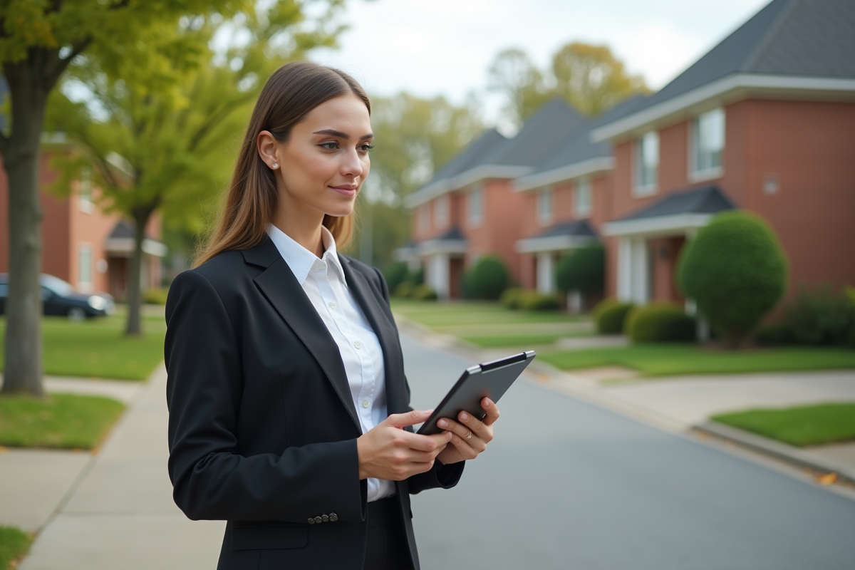 Jeune agente immobiliere observe une maison dans la rue