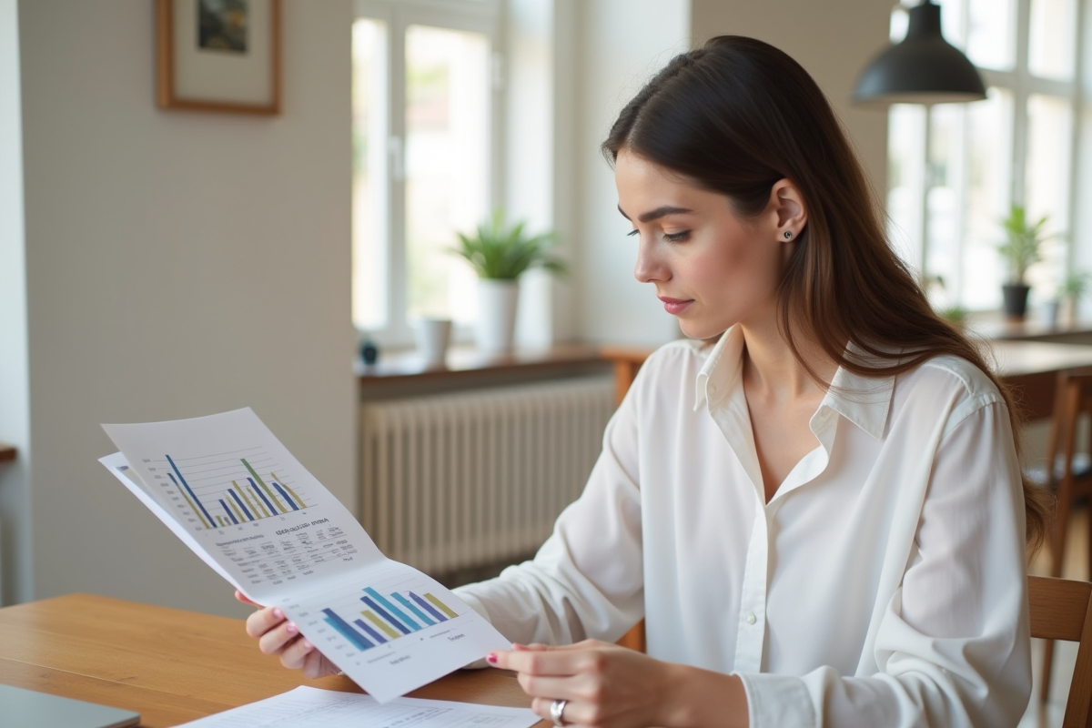 Jeune femme analysant un rapport financier chez elle
