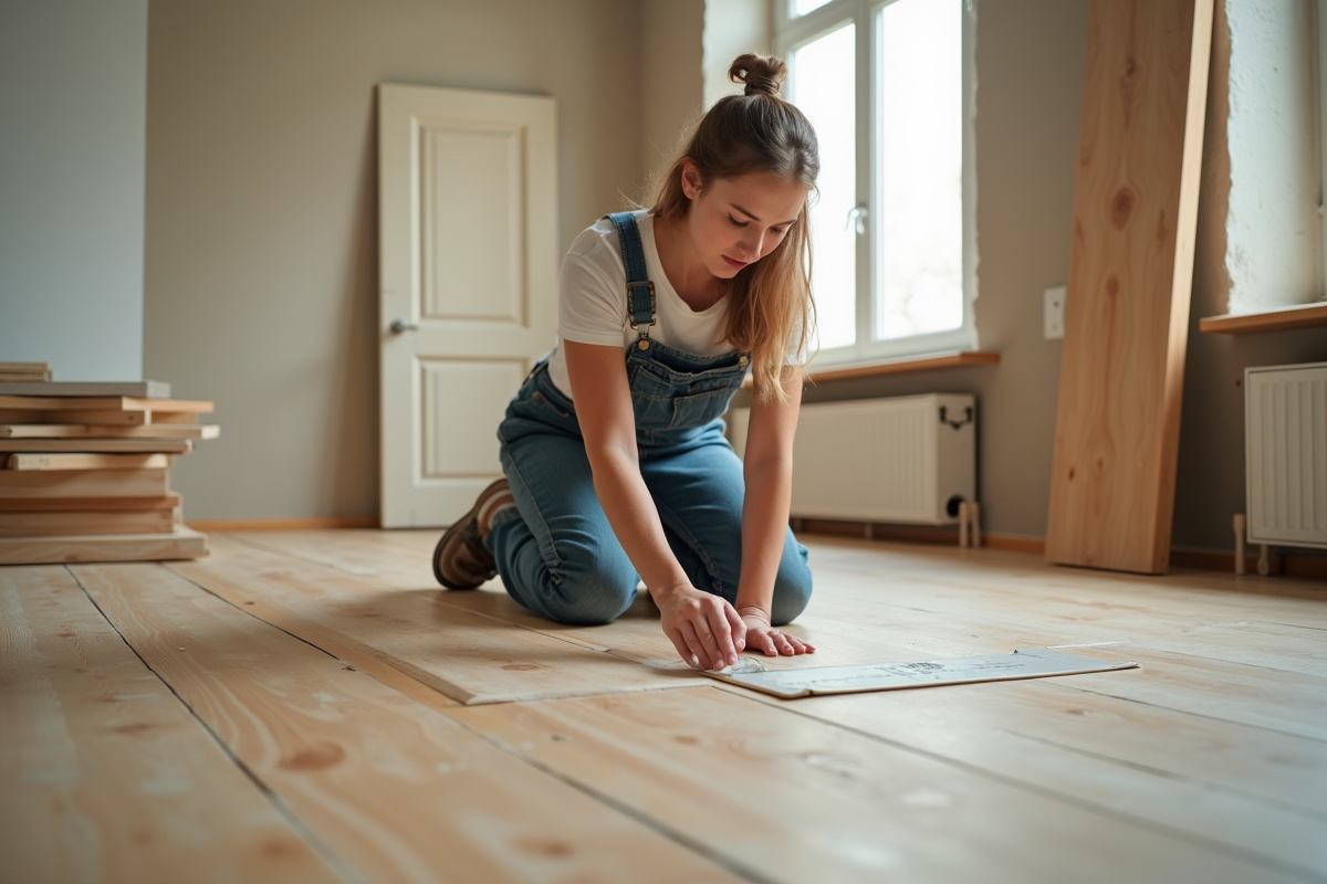 Jeune femme en overalls mesurant une plinthe en rénovation