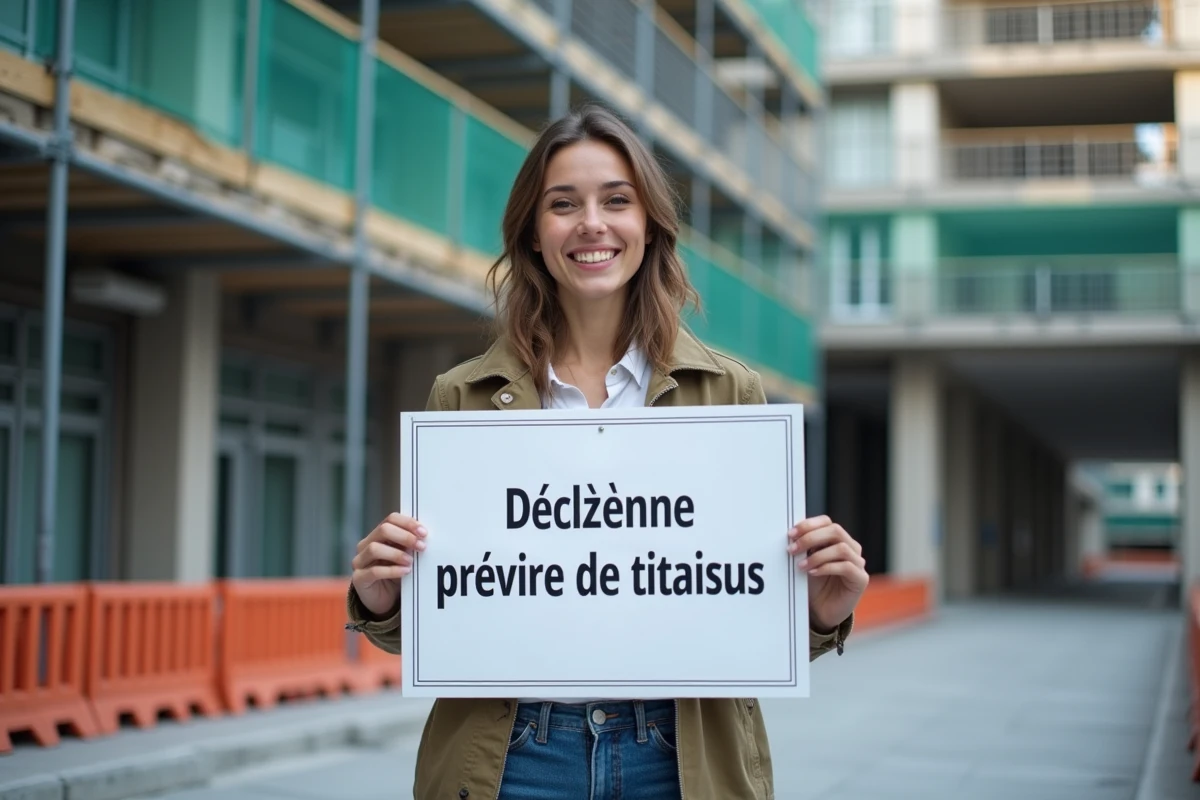 Jeune femme souriante tenant un panneau declaration travaux