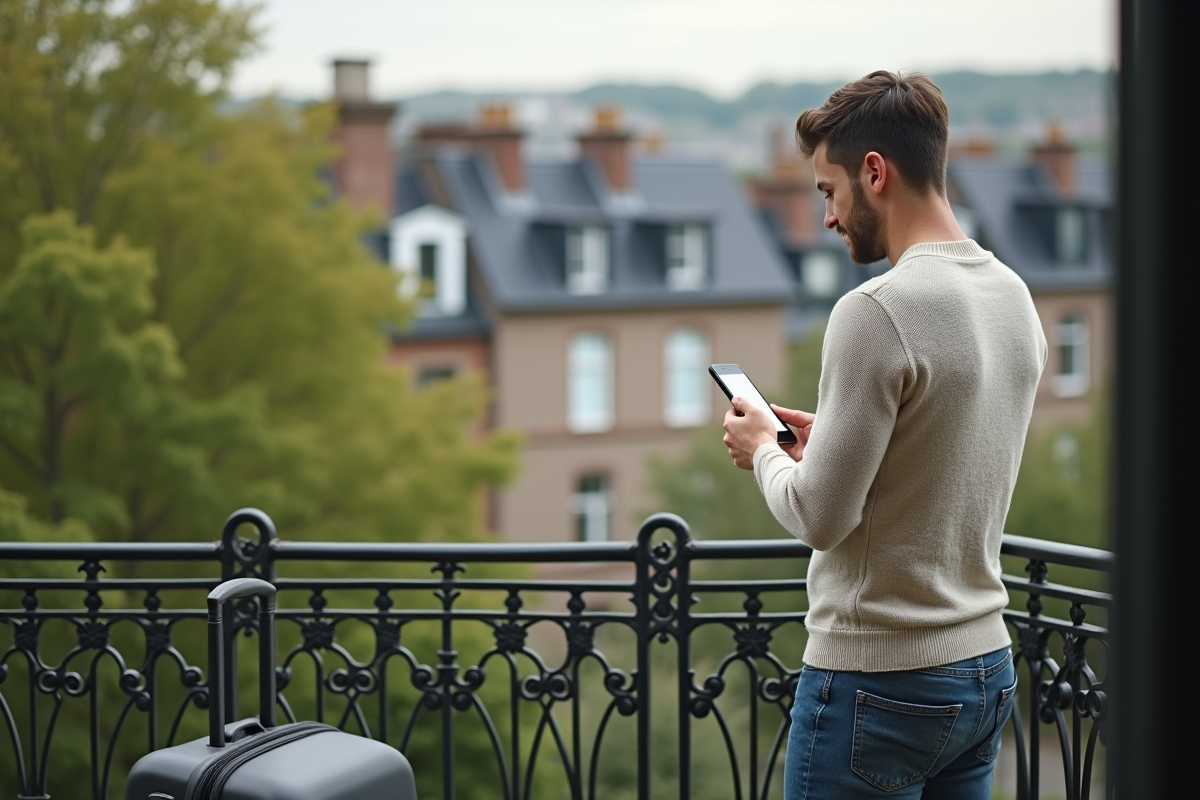 Jeune homme regardant son téléphone sur un balcon avec valise