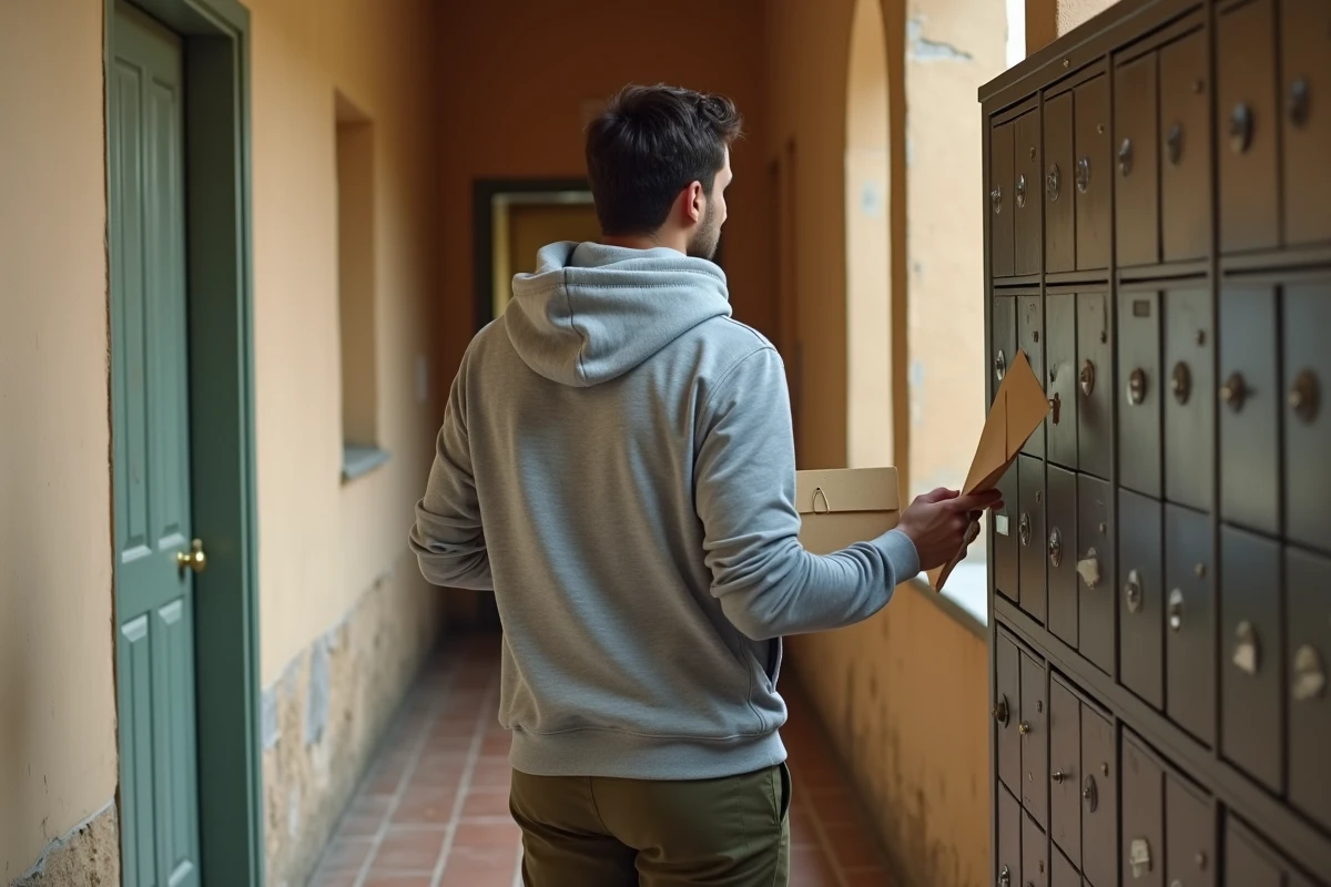 Jeune homme tenant les clés de son premier logement dans un immeuble modeste